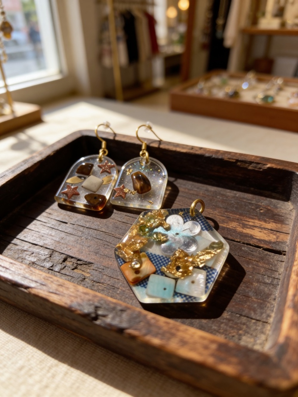 Handmade Resin Earrings in Brown, Blue & Gold Accents